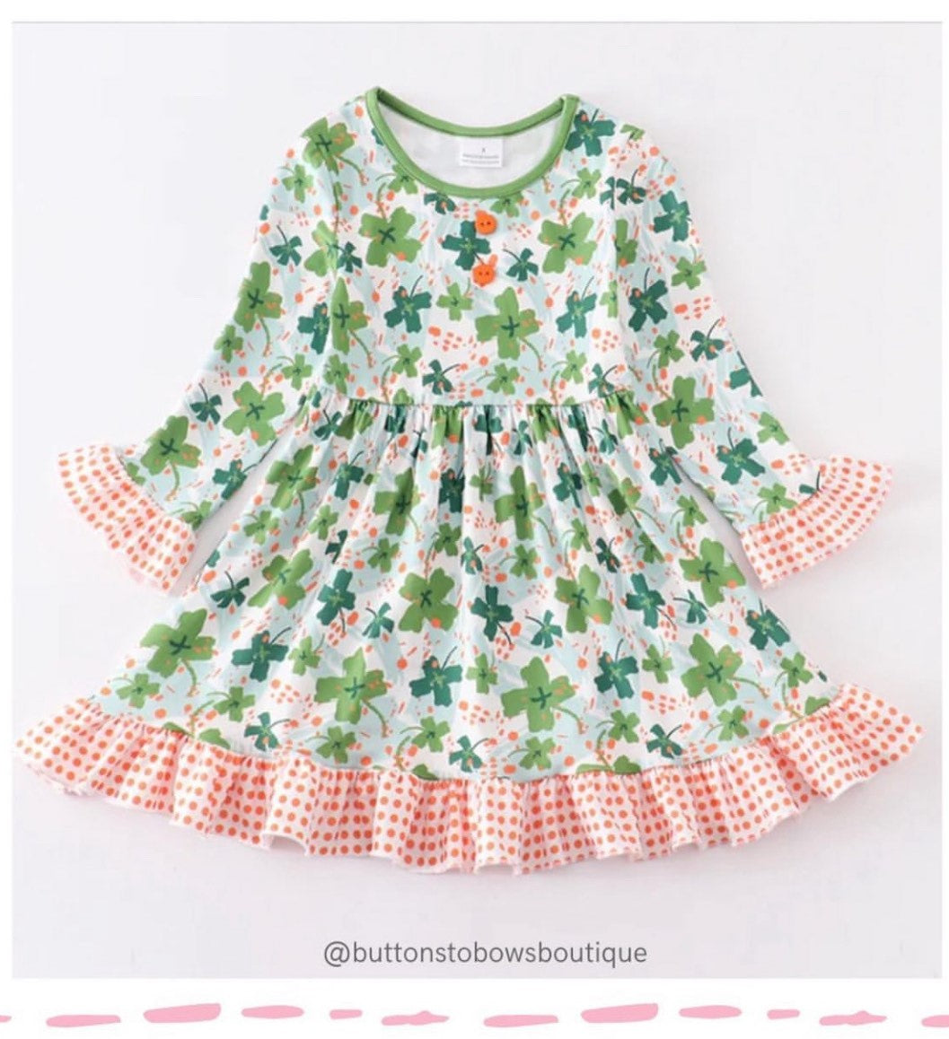 Green Clover Print Ruffle Girl Dress