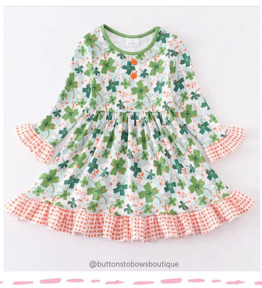 Green Clover Print Ruffle Girl Dress
