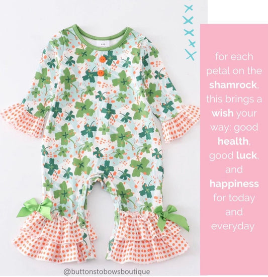 Green Clover Print Ruffle Baby Romper