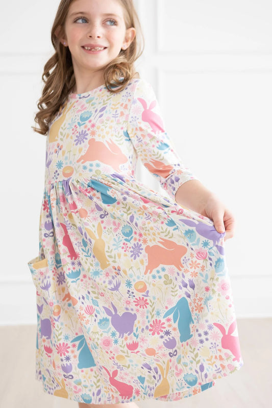 Mila and Rose PASTEL FLORAL BUNNIES 3/4 SLEEVE POCKET TWIRL DRESS